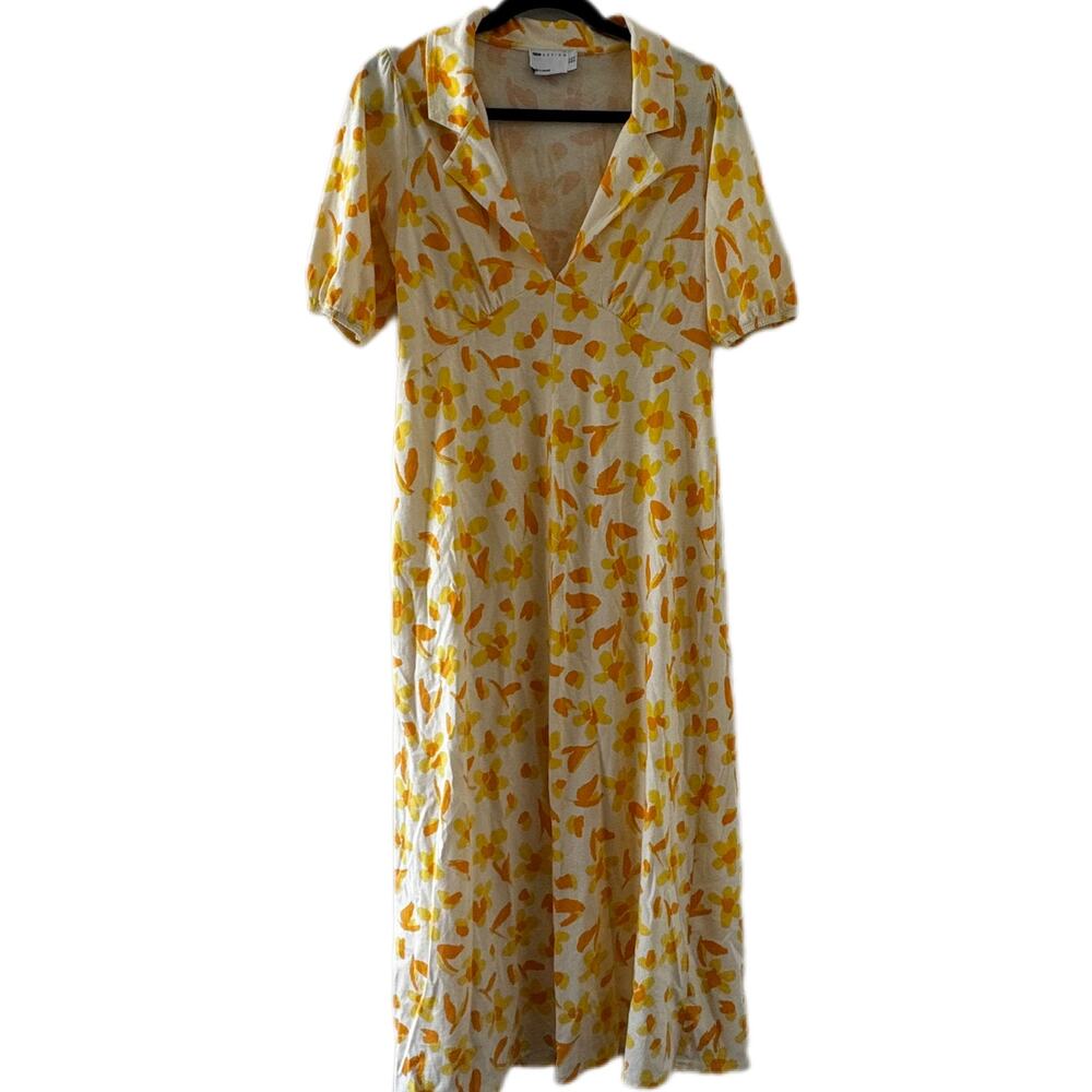 ASOS Ultimate Collared MIDI TEA DRESS Floral Yellow Print Size 10 Retro A-line